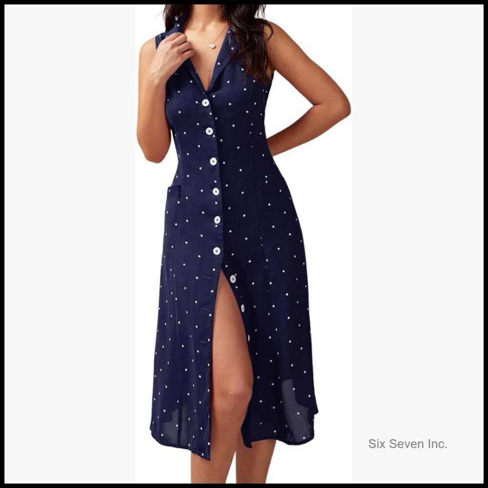 V-Neck Sleeveless Dot Shirtdress Office Work Casual Summer Dress